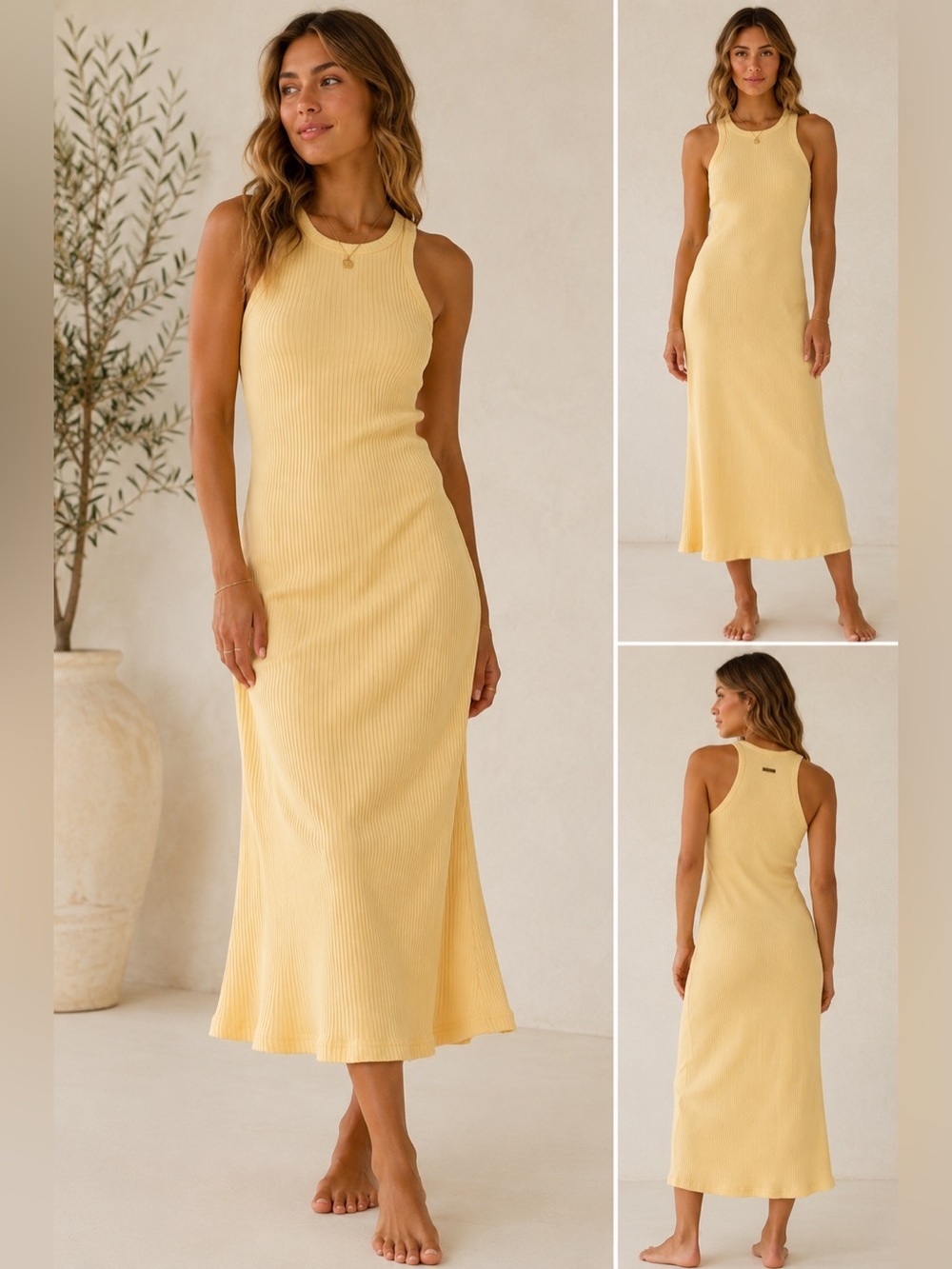Billabong XS Butter Yellow Ribbed Tank Midi (42”) Dress Coastal Summer BNWT